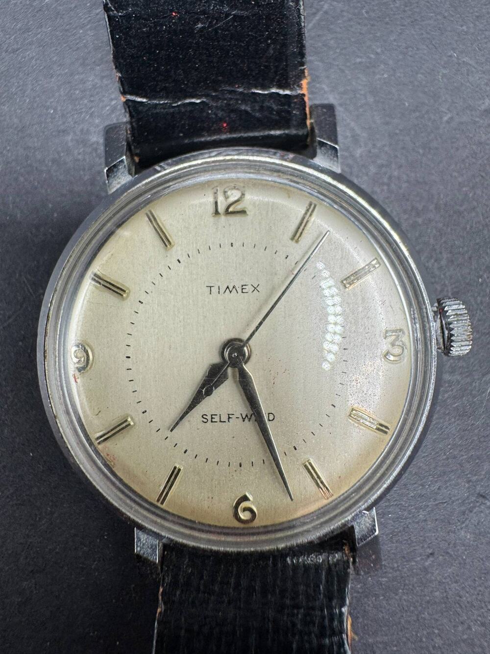 Vintage Timex Self-Wind Wristwatch Silver Tone Dial Black Leather Band Classic